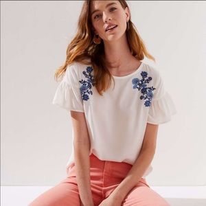 Loft Ruffle Sleeve Embroidered Blouse NWOT